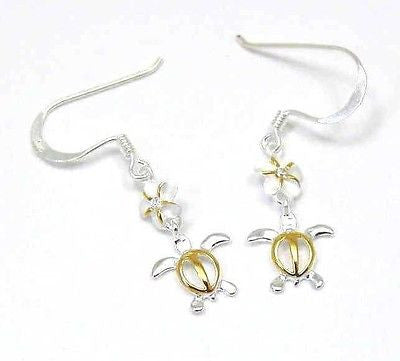 YELLOW GOLD PLATED SILVER 925 HAWAIIAN PLUMERIA DANGLE TURTLE WIRE HOOK EARRINGS