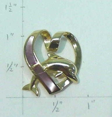 14K SOLID YELLOW GOLD HAWAIIAN DOLPHIN PINK MOTHER OF PEARL HEART SLIDER PENDANT