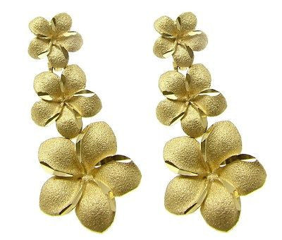 SOLID 14K YELLOW GOLD SMALL TO LARGE HAWAIIAN PLUMERIA FLOWER DANGLING EARRINGS