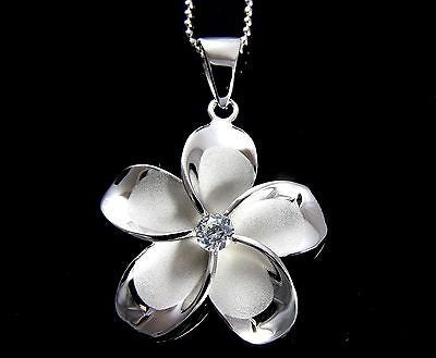 STERLING SILVER 925 RHODIUM PLATED HAWAIIAN FANCY PLUMERIA FLOWER PENDANT 29MM