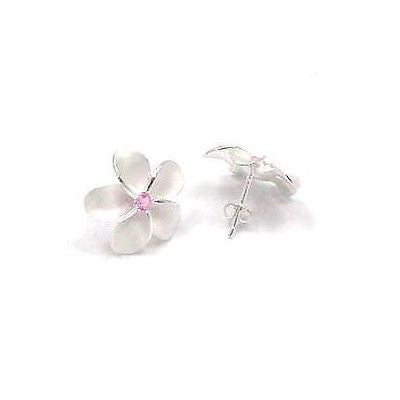 STERLING SILVER 925 HAWAIIAN PLUMERIA FLOWER STUD POST EARRINGS 18MM PINK CZ