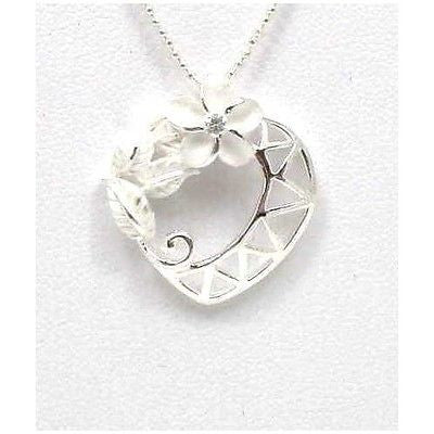 SILVER 925 HAWAIIAN PLUMERIA CZ MAILE LEAF LEAVES HEART DESIGN SLIDE PENDANT