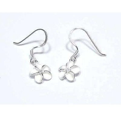 STERLING SILVER 925 HAWAIIAN PLUMERIA FLOWER EARRINGS HOOK WIRE CZ 10MM