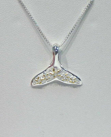 925 STERLING SILVER 2 TONE YELLOW HAWAIIAN PLUMERIA FLOWER WHALE TAIL PENDANT