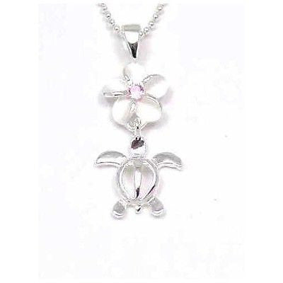 SILVER 925 8MM HAWAIIAN PLUMERIA FLOWER DANGLE TURTLE HONU PENDANT PINK CZ