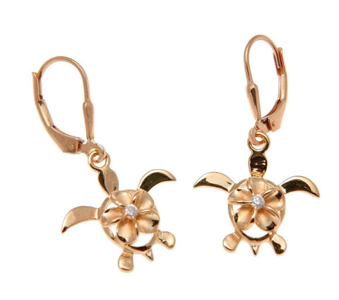 ROSE GOLD SILVER 925 HAWAIIAN PLUMERIA FLOWER HONU TURTLE LEVERBACK EARRINGS CZ