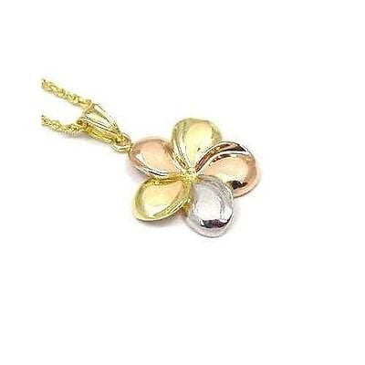 23MM SOLID 14K YELLOW PINK WHITE GOLD TRICOLOR HAWAIIAN PLUMERIA FLOWER PENDANT