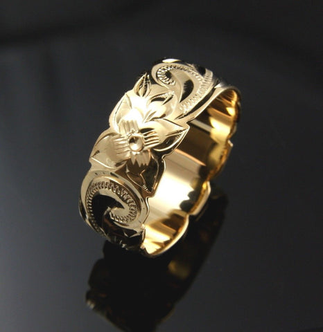 8MM YELLOW GOLD SILVER 925 HAWAIIAN RING PLUMERIA FLOWER SCROLL CUT OUT EDGE