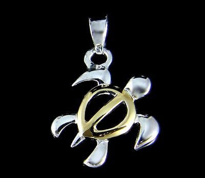 STERLING SILVER 925 YELLOW GOLD PLATED 2 TONE HAWAIIAN HONU TURTLE CHARM PENDANT