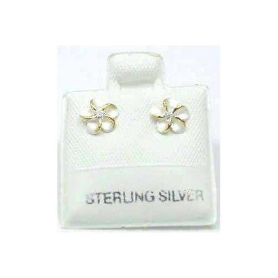 STERLING SILVER 925 HAWAIIAN PLUMERIA FLOWER EARRINGS POST STUD 8MM 2T YELLOW