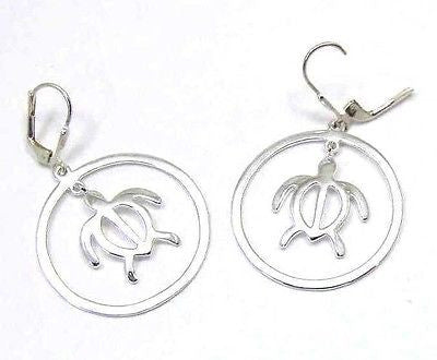 SILVER 925 HAWAIIAN TURTLE HONU DANGLE CIRCLE LEVERBACK EARRINGS