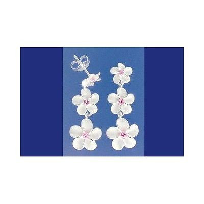 SILVER 925 HAWAIIAN 3 PLUMERIA FLOWER 8MM-10MM-12MM DANGLE EARRINGS PINK CZ