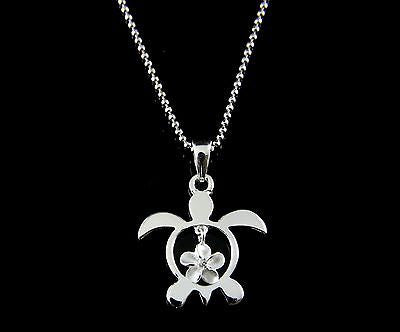 STERLING SILVER 925 HAWAIIAN HONU SEA TURTLE DANGLING PLUMERIA FLOWER CZ PENDANT