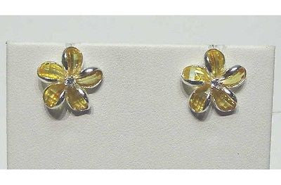 925 SILVER FACET YELLOW NATURAL CRYSTAL HAWAIIAN PLUMERIA FLOWER EARRINGS