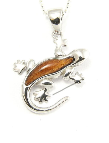 GENUINE INLAY HAWAIIAN KOA WOOD GECKO PENDANT 22MM STERLING SILVER 925