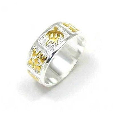 8MM STERLING SILVER 925 HAWAIIAN 2 TONE YELLOW HONU TURTLE QUILT BAND RING