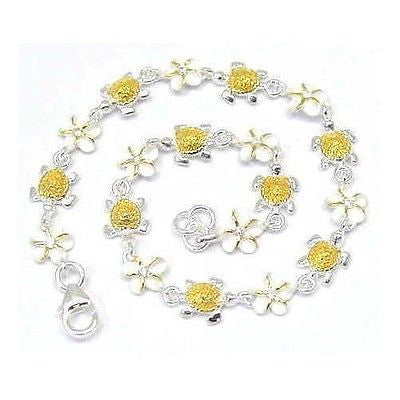 YELLOW GOLD PLATED 2T SILVER 925 HAWAIIAN BABY TURTLE 6MM PLUMERIA ANKLET 9 1/2"