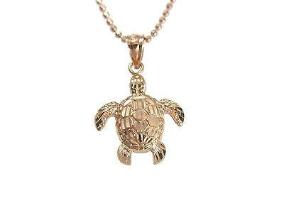 14K SOLID PINK ROSE GOLD SPARKLY DIAMOND CUT HAWAIIAN SEA TURTLE HONU PENDANT M