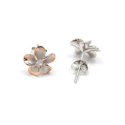 SILVER 925 HAWAIIAN 10MM PLUMERIA FLOWER POST STUD EARRINGS RHODIUM PINK GOLD 2T