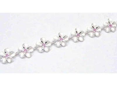 925 STERLING SILVER HAWAIIAN PLUMERIA FLOWER BRACELET PINK CZ 8MM 7"