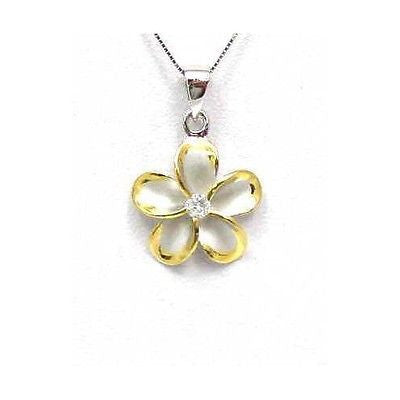 STERLING SILVER 925 HAWAIIAN PLUMERIA FLOWER PENDANT RHODIUM 18MM YELLOW GOLD 2T