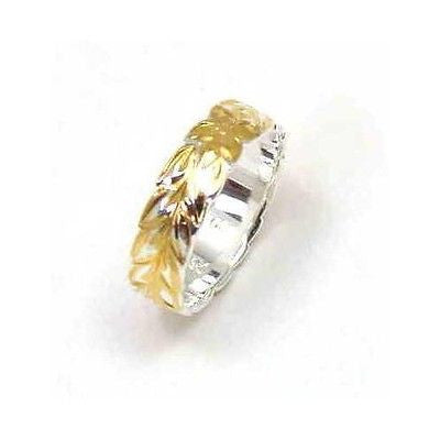 6MM SILVER 925 HAWAIIAN RING YELLOW GOLD PLATED MAILE LEAF 2 TONE SIZE 3 - 14