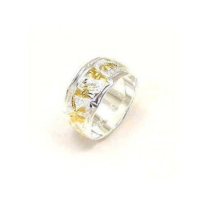 STERLING SILVER 925 HAWAIIAN BAMBOO DESIGN RING 10MM 2 TONE SIZE 4 -14