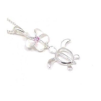 SILVER 925 12MM HAWAIIAN PLUMERIA FLOWER DANGLE HONU TURTLE PENDANT PINK CZ