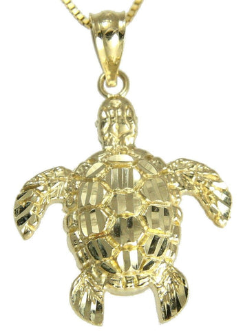 14K SOLID YELLOW GOLD SPARKLY DIAMOND CUT HAWAIIAN SEA TURTLE HONU PENDANT LARGE