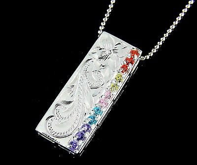 SILVER 925 HAWAIIAN VERTICAL PENDANT PLUMERIA FLOWER SCROLL MULTI COLOR CZ