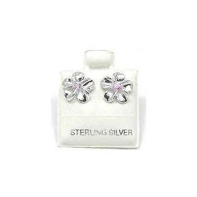 SILVER 925 SHINY HAWAIIAN PLUMERIA EARRING PINK CZ 10MM