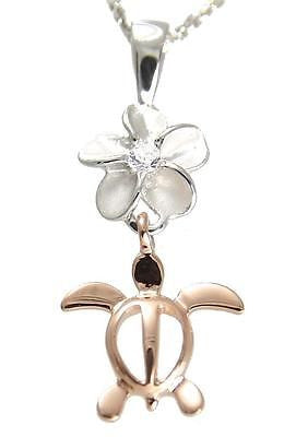 SOLID 14K WHITE GOLD PLUMERIA FLOWER PINK ROSE GOLD HONU TURTLE HAWAIIAN PENDANT