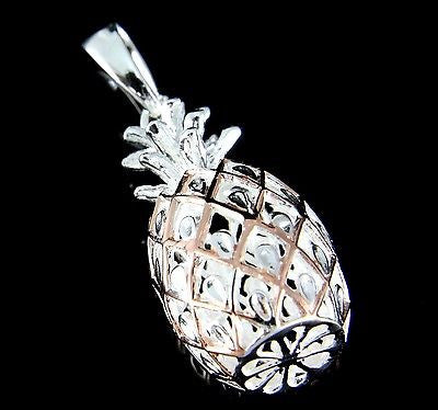 PINK ROSE GOLD ON 925 STERLING SILVER LARGE 3D HAWAIIAN PINEAPPLE PENDANT