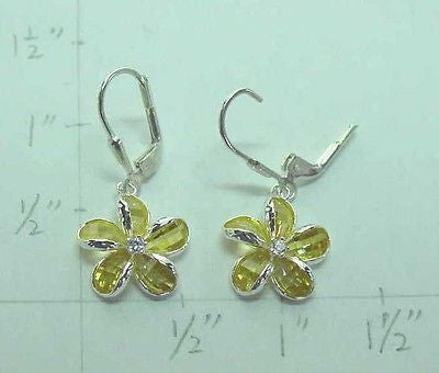 925 SILVER FACET YELLOW NATURAL CRYSTAL PLUMERIA FLOWER LEVERBACK EARRINGS