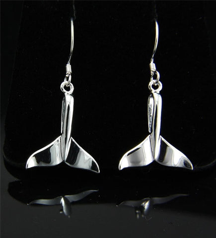 SILVER 925 HAWAIIAN HIGH POLISH SHINY WHALE TAIL WIRE HOOK EARRINGS 16MM