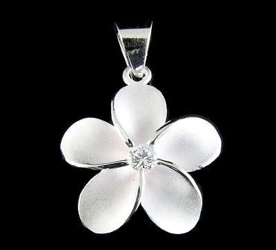 STERLING SILVER 925 HAWAIIAN SINGLE PLUMERIA FLOWER PENDANT CHARM WHITE CZ 20MM