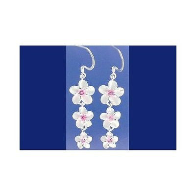 SILVER 925 HAWAIIAN 3 PLUMERIA 12MM 10MM 8MM DANGLE WIRE HOOK EARRINGS PINK CZ