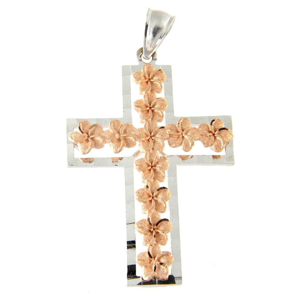 SOLID 14K ROSE GOLD HAWAIIAN PLUMERIA FLOWER WHITE GOLD CROSS PENDANT 21MM