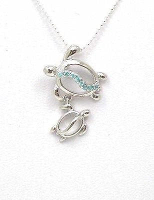 STERLING SILVER 925 RHODIUM MOTHER BABY HAWAIIAN HONU TURTLE PENDANT BLUE CZ