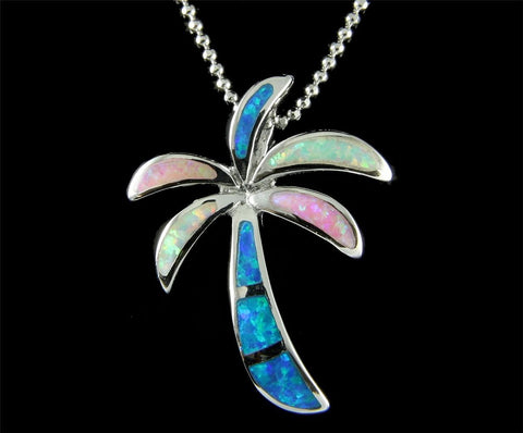 INLAY BLUE PINK WHITE TRICOLOR OPAL HAWAIIAN PALM TREE SLIDE PENDANT SILVER 925