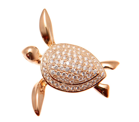 YELLOW ROSE GOLD PLATED RHODIUM SILVER 925 HAWAIIAN SWIMMING SEA TURTLE PENDANT