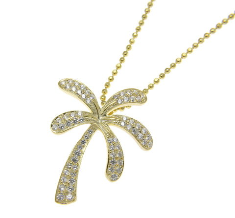 YELLOW GOLD SOLID 925 STERLING SILVER HAWAIIAN PALM TREE SLIDE PENDANT CZ 20MM