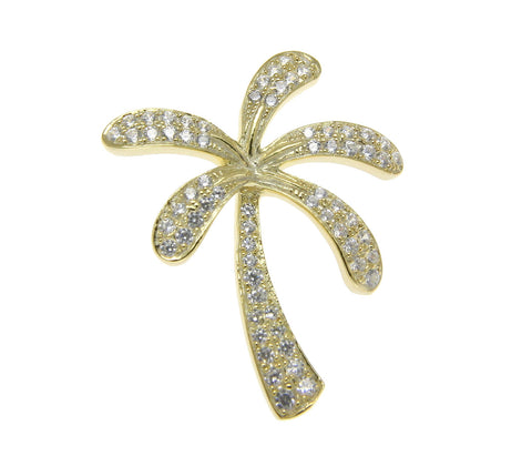 YELLOW GOLD SOLID 925 STERLING SILVER HAWAIIAN PALM TREE SLIDE PENDANT CZ 20MM