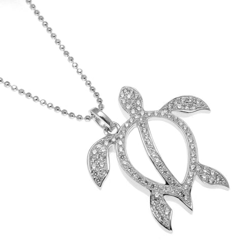 SOLID 925 STERLING SILVER HAWAIIAN HONU TURTLE PENDANT CZ RHODIUM