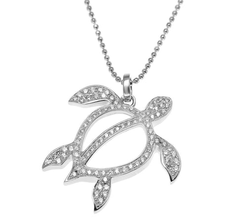 SOLID 925 STERLING SILVER HAWAIIAN HONU TURTLE PENDANT CZ RHODIUM