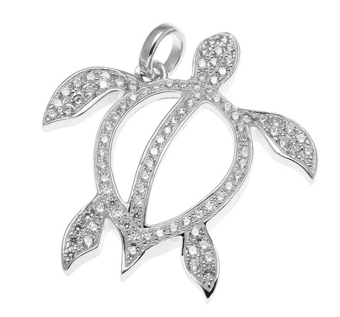 SOLID 925 STERLING SILVER HAWAIIAN HONU TURTLE PENDANT CZ RHODIUM