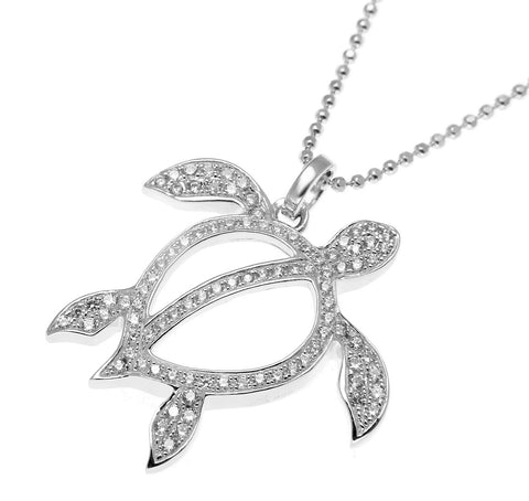 SOLID 925 STERLING SILVER HAWAIIAN HONU TURTLE PENDANT CZ RHODIUM