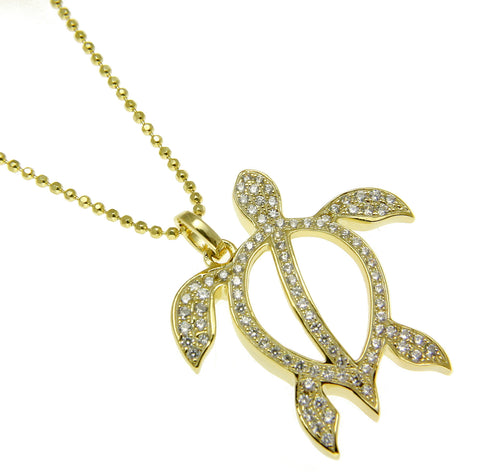 YELLOW GOLD SOLID 925 STERLING SILVER HAWAIIAN HONU TURTLE PENDANT CZ