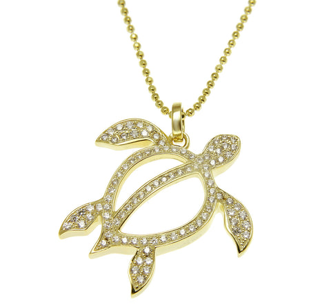 YELLOW GOLD SOLID 925 STERLING SILVER HAWAIIAN HONU TURTLE PENDANT CZ