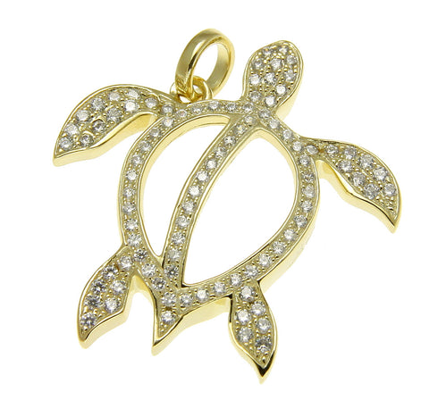 YELLOW GOLD SOLID 925 STERLING SILVER HAWAIIAN HONU TURTLE PENDANT CZ